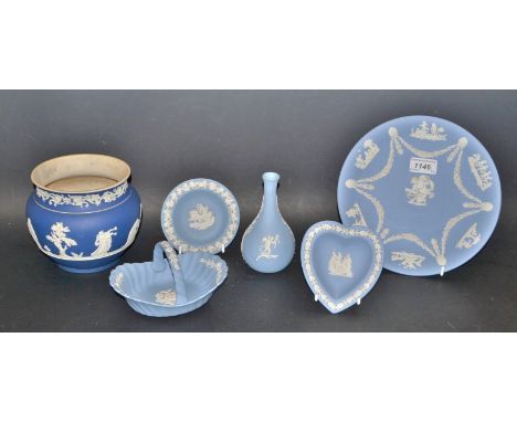 An Adams blue jasper jardinier, impressed mark; other Wedgwood vases; a plate; a basket; trinket dishes (6)