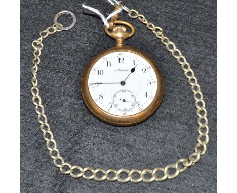 An Admiral gold plated pocket watch, white enamel dial, Arabic numerals, subsidiary seconds dial, screw back, base metal Albe