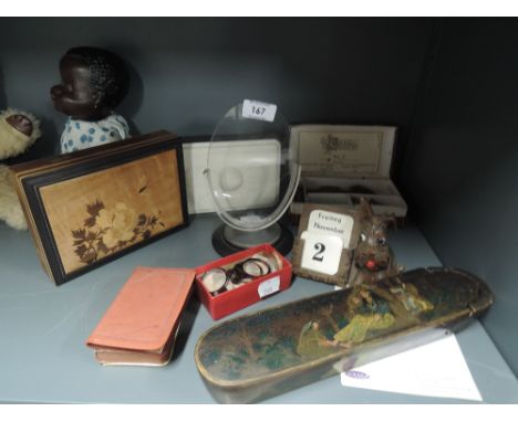 A selection of vintage desktop items Japan lacquer box desk calendar etc