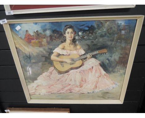 A vintage print on board depicting Spanish guitar player