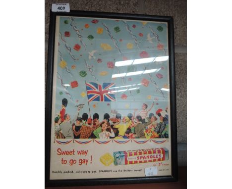 A vintage card advertising sign for Spangles sweets