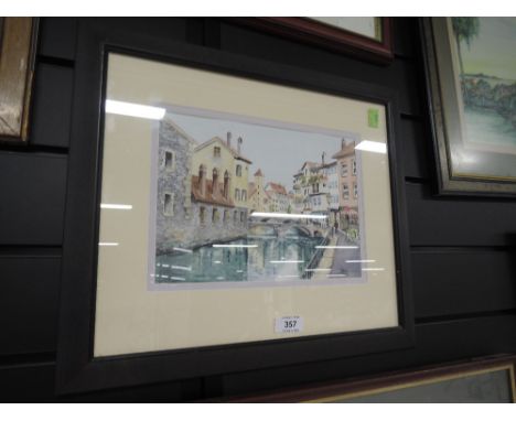 A vintage watercolour depicting European city signed JEV 2001