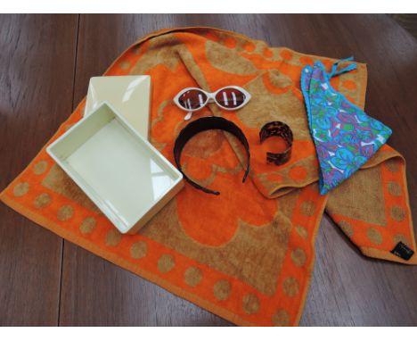 A small selection of vintage accessories comprising of christys towel, sunglasses by Rodier Paris, head scarf, crayonne plast