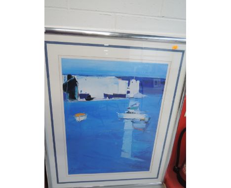 A large modernist print of abstract ships and sea