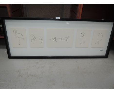 A modernist print set in deep frame of animal sketches by Picasso 