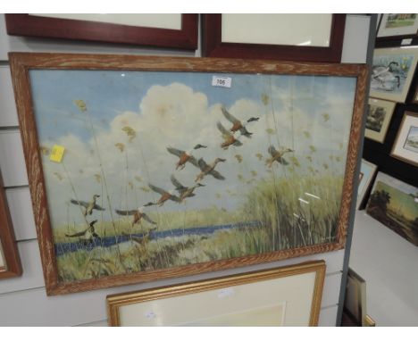 A vintage print of ducks in flight