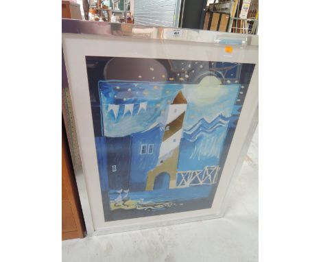 A large modernist print after Rosina Wachtmeister depicting cats and light house