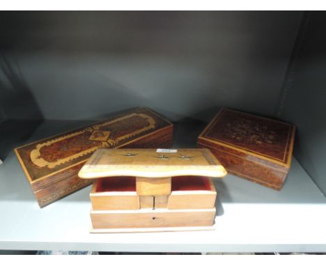 A selection of vintage trinket and jewellery boxes including ornate inlay