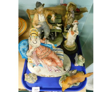 A Capodimonte style figure group of an old man feeding birds on a bench, various other figure groups, figures, bear in a hess
