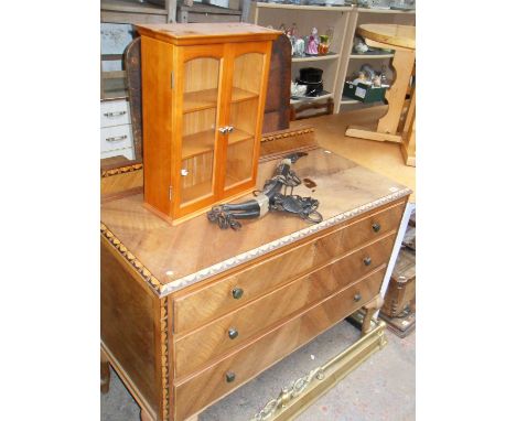 1930s Art Deco-style inlaid chest of drawers, a wall cabinet, and a pair of wood haimes