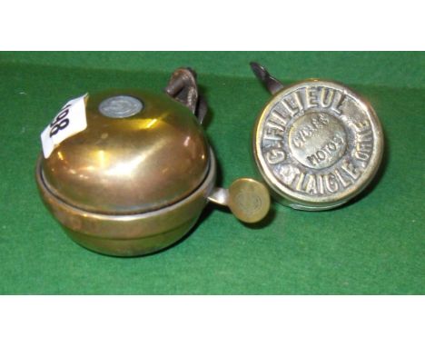 King of the Road brass double-spin two-tone bicycle bell by Joseph Lucas, and another bras bicycle bell made in France by G. 