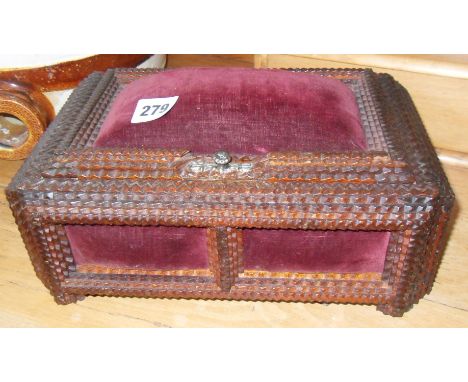 Tramp Art casket with velvet panels & pin cushion top
