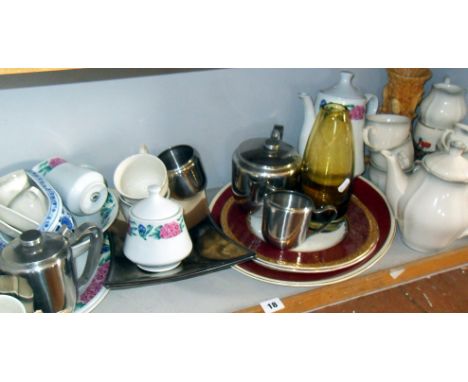 Shelf of assorted china teaware and plates, Riihimaki amber glass vase, and a stainless steel teapot set etc