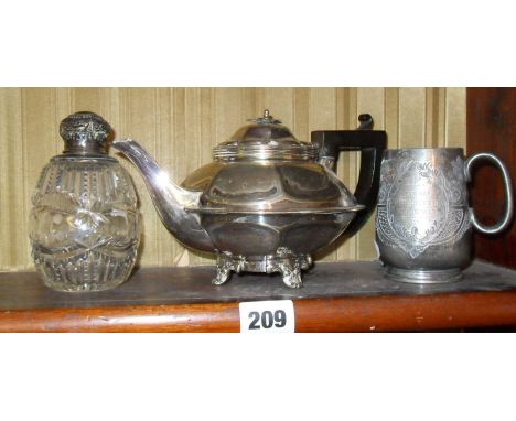 Silver-topped scent bottle, a small silver-plate teapot, and a Victorian pewter Christening tankard