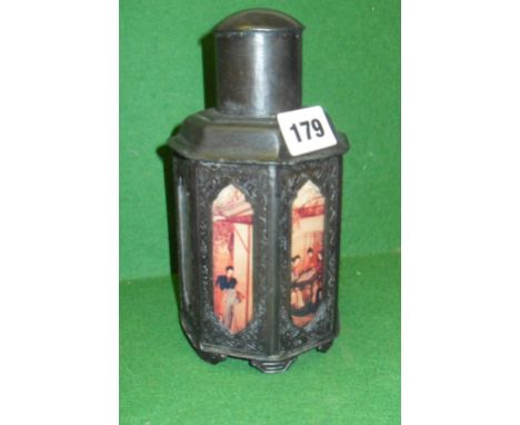 20th c. Chinese pewter tea caddy with decorative glass panels, character marks to base