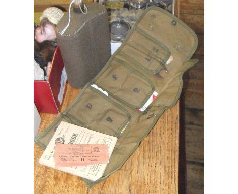 2nd WW Army canvas "Spare Parts Roll" and contents, felt-covered water bottle & two ration books