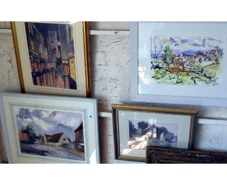 Watercolour of a village street scene by S. Price, two prints including a town street scene on a rainy night by John Parryn a