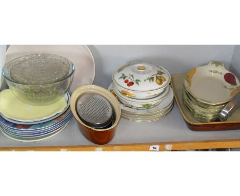 Shelf of assorted china including Poole pottery serving dishes etc