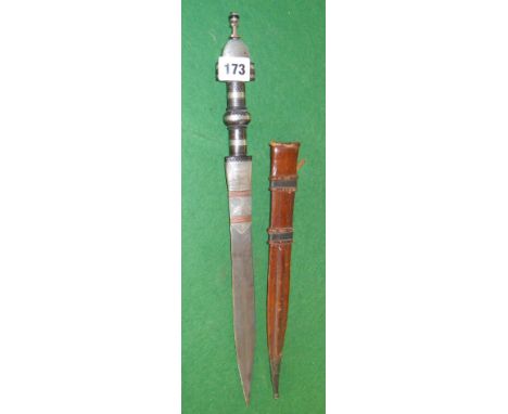 19th c. Caucasian knife with silver niello decorated hilt and leather scabbard