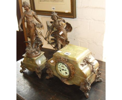 Victorian spelter-mounted marble mantle clock with two spelter Classical figures