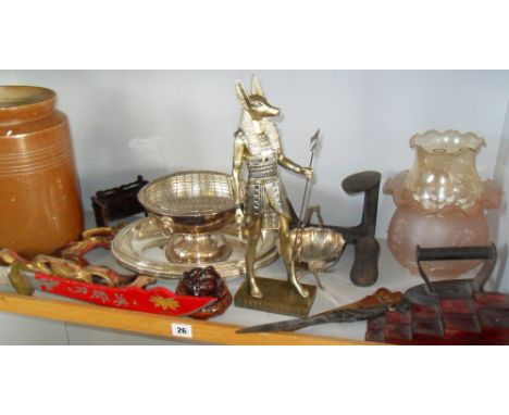 Large shelf of assorted silver plate, an iron last, a flat iron, and wooden items etc