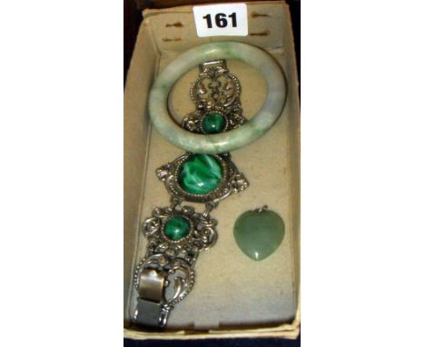 Jade bangle, a jade heart-shaped pendant, and a Continental white metal bracelet set with three malachite stones