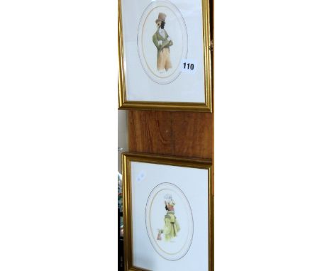 Two silhouette prints by Alane of a man & a woman in 1815 costume