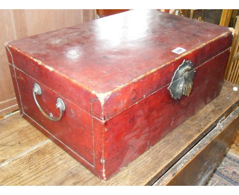 Chinese lacquered trunk with brass lock & handles