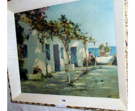 1960s colour print of a Mediterranean house titled "Blue Shutter" by Anthony THIEME in original white painted frame