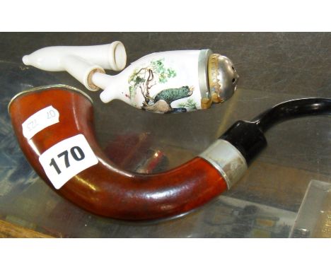 Large 'calabash' meerschaum pipe, and an Austrian painted ceramic pipe