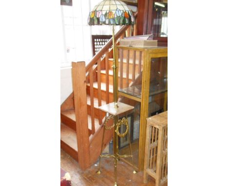 Art Nouveau brass standard lamp having marble shelf above four brass legs with swags & shaped stretcher (later Tiffany-style 