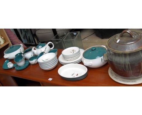 Denby Greenwheat dinner & tea service with two tureens, together with a large glazed stoneware crock