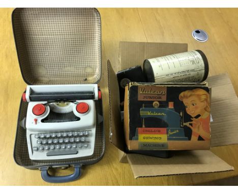 A box of odds to inc typewriter, cameras, tins etc
