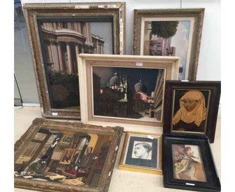 Vivian Bewick (20th century): Four oils to include figures before a Church, study of a Villa, an artist in the studio, an arc