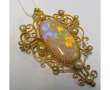 An Edwardian 15ct gold opal and pearl set brooch/pendant