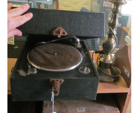 A Jtonia wind up gramophone, a brass and velvet table lamp and a sewing machine