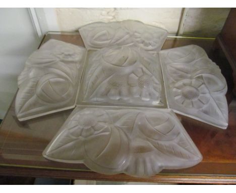 Five French Art Deco glass panels for ceiling light (no fitting), signed Degue