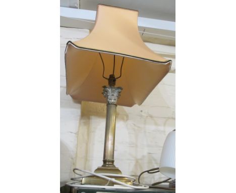 A brass table lamp with shade