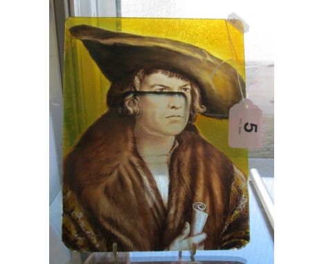 A stained glass panel with portrait of man with hat and scroll