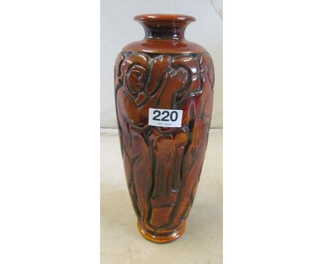 A Mougin Nancy brown vase depicting nude males by G. Goor inscribed 224 J and 4189Just noticed drill hole for lamp purposesOt