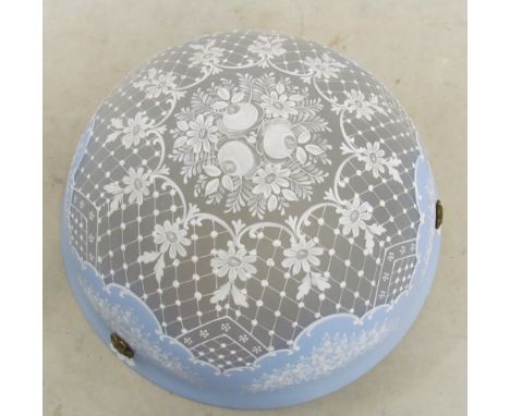 A large blue glass handpainted plaffoniere ceiling light