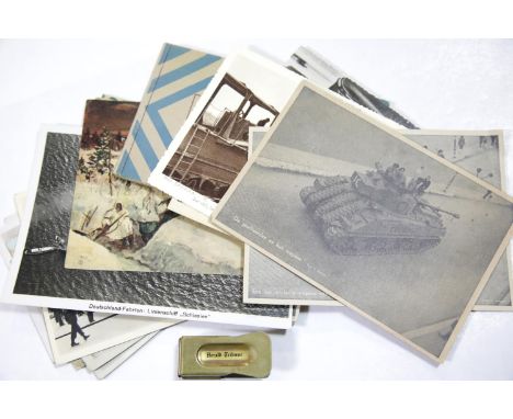 British WWII style D-Day 'clicker', with a collection of period photographs and postcards. P&amp;P Group 1 (£14+VAT for the f