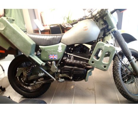 Harley Davidson MT 348CC petrol military motorbike, complete with side compartment for a SA80 and twin panniers. One key and 