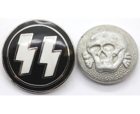 German WWII style enamelled SS pin badge and damaged button. P&amp;P Group 1 (£14+VAT for the first lot and £1+VAT for subseq
