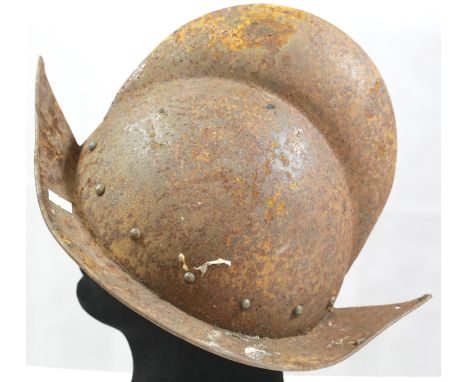 Spanish 16th century style Morion helmet, probably Victorian reproduction, lacking liner, rusted. P&amp;P Group 3 (£25+VAT fo