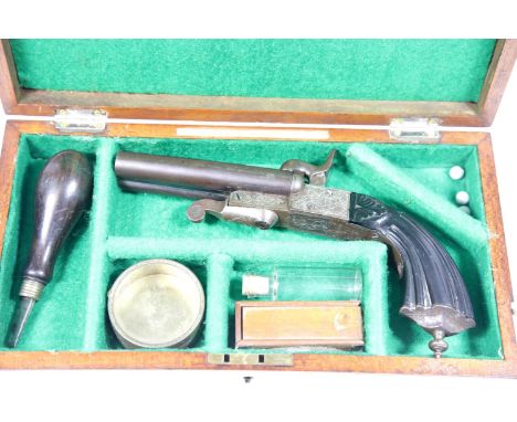 Antique double barrel pinfire revolver with rifled barrels, ebony stock and double drop down triggers on cocking. Together wi