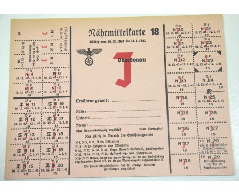 German WWII style ration card, showing scarce J overstamp to only only provide starvation rations, 20 x 15 cm. P&amp;P Group 