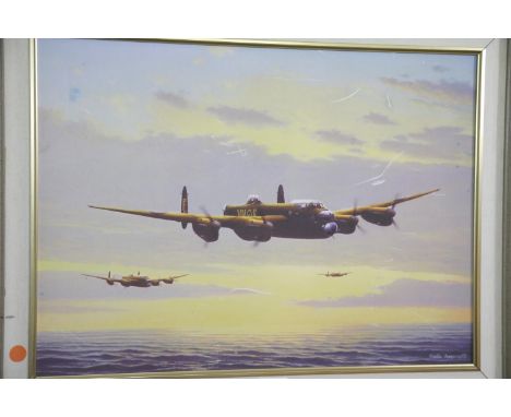 Keith Aspinall, giclee print on canvas depicting WWII RAF Lancaster Bombers in flight, image size 54 x 39 cm. P&amp;P Group 2