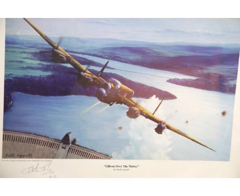 After Keith Aspinall, colour print "Gibson Over The Mohne", signed in pencil to the border by Colin Cole of 617 Squadron. Wit