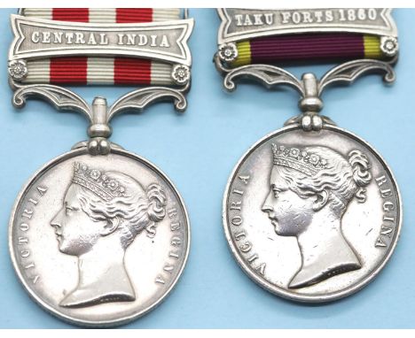 Indian mutiny medal one with Central India and one with Peking 1860 and Taku forts bars engraved bmdr Thomas Mcgill RA ( priv